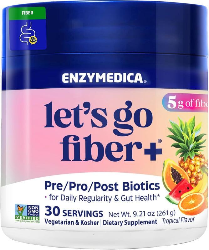 Enzymedica Let's Go Fiber+ Powder Supplement for Women & Men - Daily Digestive & Gut Health Support, Prebiotic, Probiotic, & Postbiotic Blend, Sugar-Free Drink Mix - Tropical Flavor, 9.21 oz