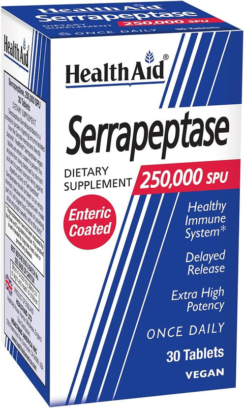 Serrapeptase - 250,000 SPU - 30 Tablets - Once Daily - Extra High Potency - Delayed Release - Vegan - Enteric Coated