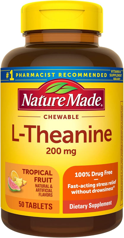 Nature Made Chewable L Theanine 200mg, L-Theanine Supplement for Stress Relief, 50 Chewable Tablets, 50 Day Supply