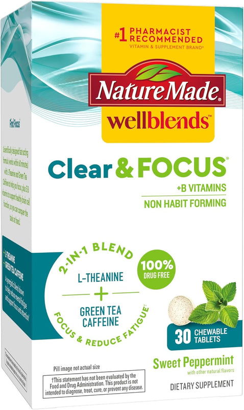 Nature Made Wellblends Clear & Focus, L-theanine, Green Tea Caffeine, 5 B vitamins, Fast-Acting Formula, 30 Chewable Tablets