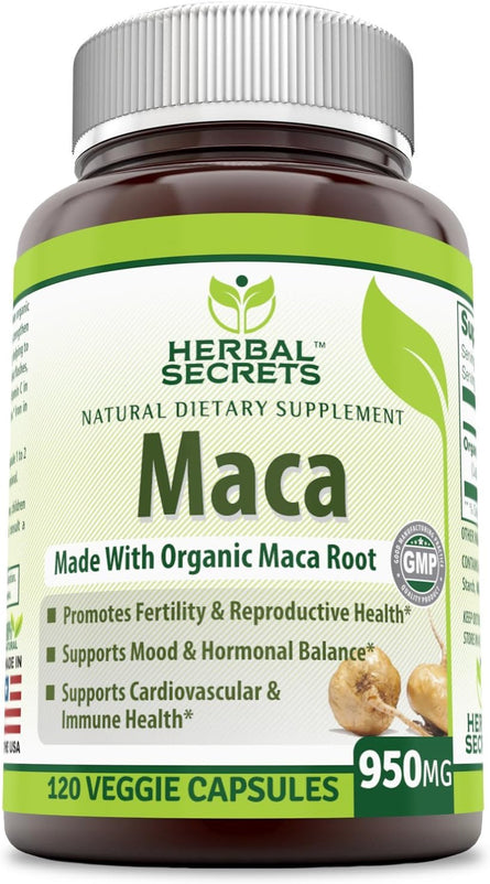 Herbal Secrets Organic Maca 950mg 120 Veggie Capsules (Non-GMO) - Promotes Fertility and Reproductive Health* - Supports Healthy Mood, Hormonal Balance, Cardiovascular Health & Immune Health*