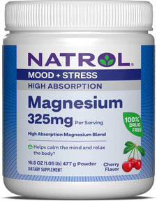 Natrol Mood + Stress Magnesium Carbonate and Magnesium Glycinate Blend 325mg with Potassium 232mg, Dietary Supplement Occasional Stress Support, 16.8 oz Cherry-Flavored Powder, 45-Day Supply