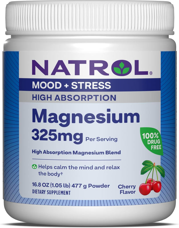 Natrol Mood + Stress Magnesium Carbonate and Magnesium Glycinate Blend 325mg with Potassium 232mg, Dietary Supplement Occasional Stress Support, 16.8 oz Cherry-Flavored Powder, 45-Day Supply