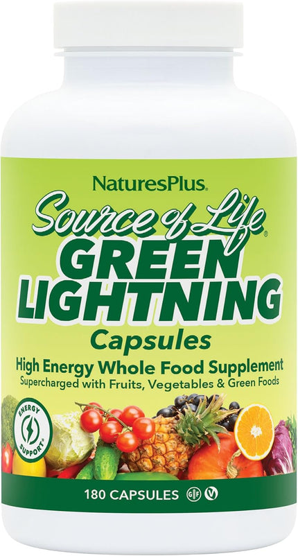 NaturesPlus Source of Life Green Lightning - 180 Capsules - All-Natural High-Energy Whole-Food Supplement - Green Superfoods & Digestive Enzymes - Gluten Free, Vegetarian - 45 Servings