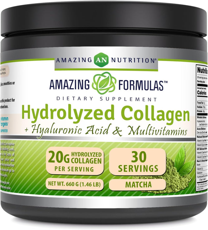 Amazing Nutrition Amazing Formulas Multivitamin Supplement with Hydrolyzed Collagen and Hyaluronic Acid, 30 Servings Powder, 660 Grams, Japanese Matcha Flavor