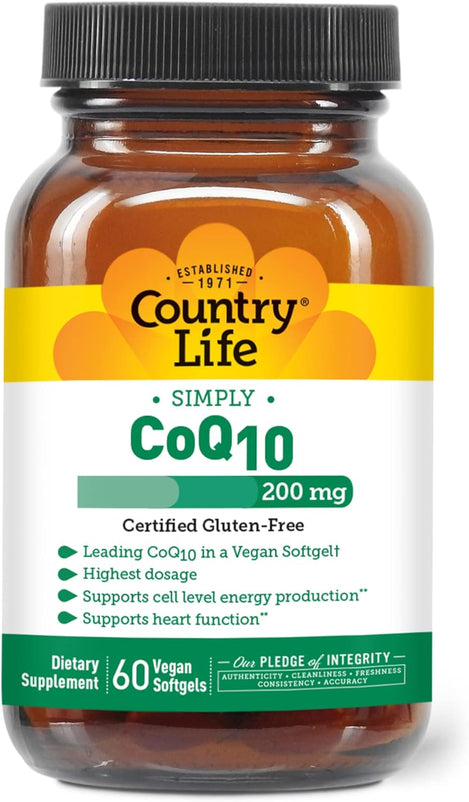 Country Life Simply CoQ10, Supports Heart Function, 200mg, 60 Vegan Softgels, Certified Gluten Free, Certified Vegan