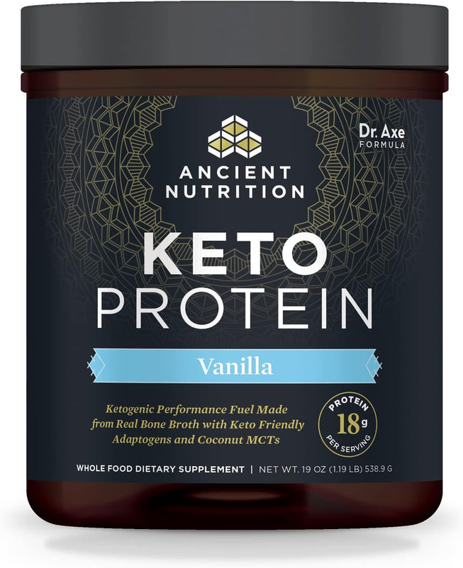 Keto Protein Powder by Ancient Nutrition, KetoPROTEIN with Fats from Bone Broth and MCT Oil, Vanilla, 18g Protein 11g Fat Per Serving, Gluten Free, 17 Servings