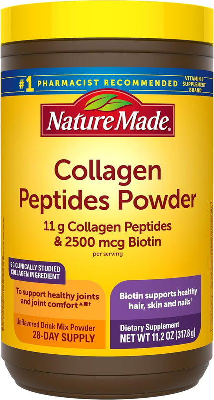 Nature Made Collagen Peptides Powder Type 1 and 3, Joint Support Collagen Powder Unflavored, with Biotin for Hair, Skin and Nails Support, 11.2 oz