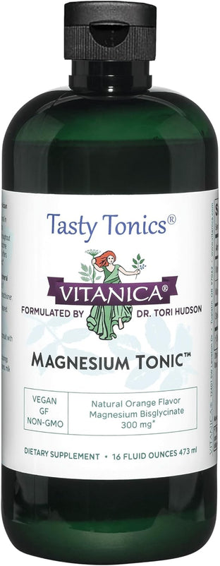 Vitanica Magnesium Tonic, Liquid Magnesium Bisglycinate Chelate 300 mg with Vitamin B6, Dr Formulated Supplement, Orange Flavor, Vegan, Gluten Free and Non-GMO,16 fl oz