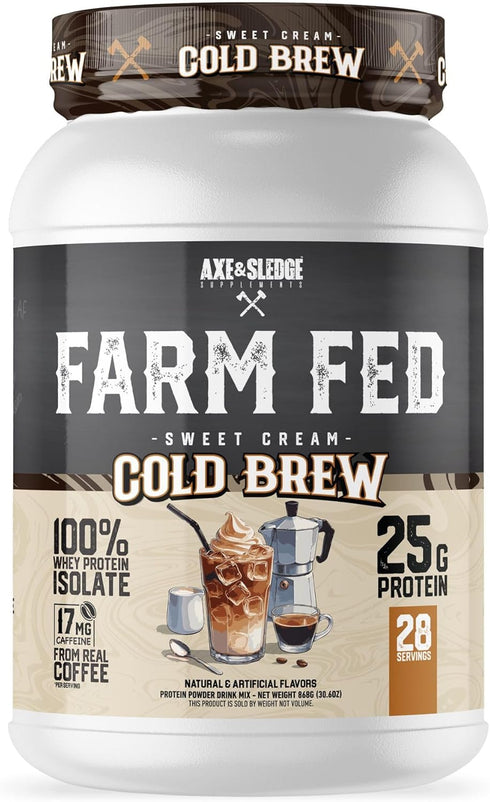 Axe & Sledge Farm Fed 100% Whey Protein Isolate | 25g Protein | Low Carb, Low Sugar, Gluten Free | Protein Powder for Men and Women | Keto | Made in The USA | 28 Servings, Sweet Cream Cold Brew