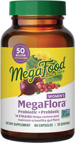 MegaFood MegaFlora Probiotics for Women + Prebiotics and Probiotics with 14 Strains & 50 Billion CFUs, with Cranberry, Probiotics for Women Digestive Health, Vegetarian - 60 Capsules (30 Servings)