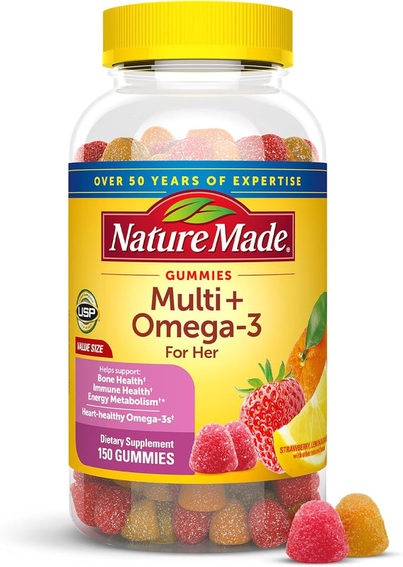 Nature Made Multi for Her Gummies, Omega-3, Lemon, Orange and Strawberry. 150 ct