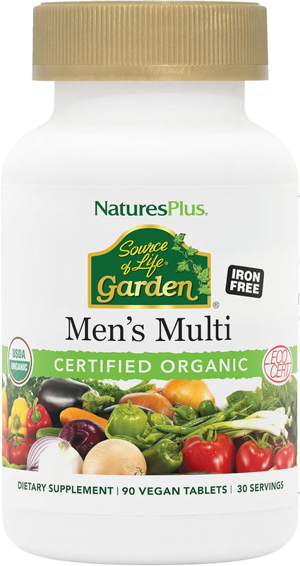NaturesPlus Source of Life Garden Men’s Multivitamin - 90 Tablets - Supports Energy & Healthy Immune System - USDA Certified Organic, Non-GMO, Vegan, Gluten Free, Iron Free - 30 Servings