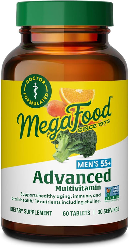 MegaFood Men's 55+ Advanced Multivitamin for Men - Doctor-Formulated -Choline, Vitamin D, Vitamin B12 – Plus Real Food – Brain Health Supplement for Adults & Immune Support - 60 Tabs (30 Servings)