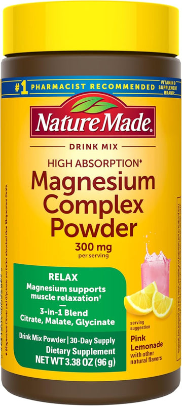 Nature Made High Absorption Magnesium Complex Drink Mix Powder, Magnesium Citrate, Glycinate & Malate 3-in-1 Blend, Pink Lemonade Flavor, 96 g, 30 Day Supply