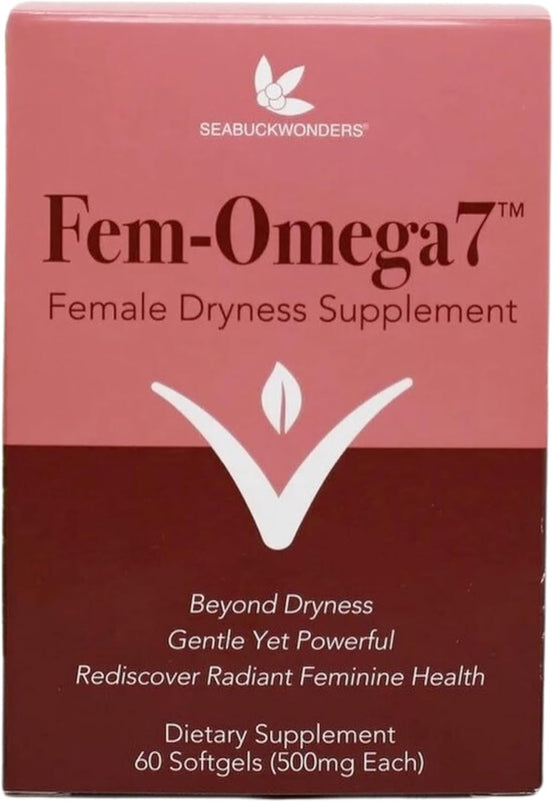 SeabuckWonders Organic Fem-Omega7 Supplement, Vaginal Moisturizer Supporting Female Dryness, 60 Count Softgels