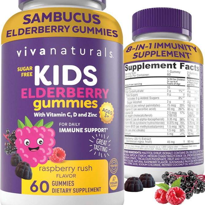 Viva Naturals Sambucus Elderberry Gummies for Kids, 60 Count – for Immune Support with Vitamin A, B6, B12, C, D & Zinc, Vegan, Sugar-Free