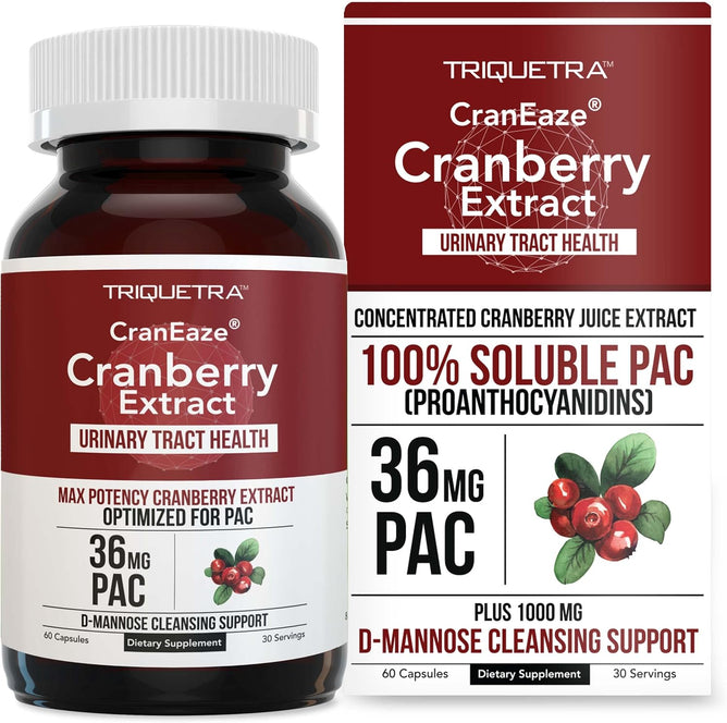 CranEaze Cranberry Juice Extract Plus D-Mannose, 36 mg PAC, 100% Soluble PAC - Supports Urinary Tract Health – Most Effective Cranberry Pills for Women, UTI Cranberry Supplement - 60 Capsules