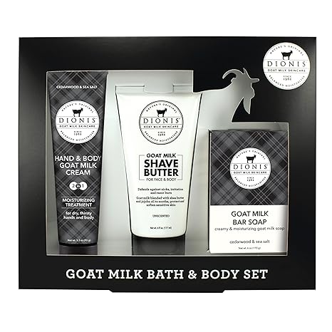 Dionis Goat Milk Cedarwood & Sea Salt Shave Butter, Hand & Body Lotion, and Bar Soap Bath & Body 3-Piece Gift Set