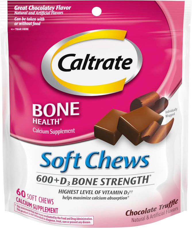 Caltrate Soft Chews 600 Plus D3 Calcium Vitamin D Supplement, Chocolate Truffle - 60 Count(Packaging May Vary)
