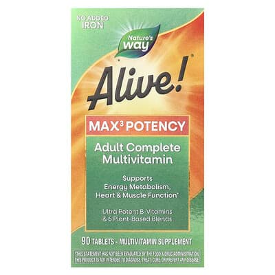 Nature's Way, Alive!® Max3 Potency, Adult Complete Multivitamin, No Added Iron, 90 Tablets