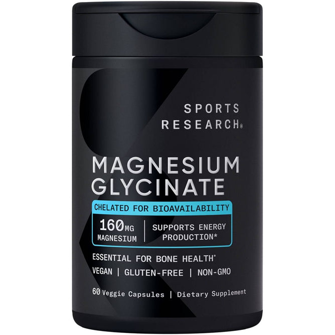 Sports Research Magnesium Glycinate 160mg Veggie Capsules - 60ct: Certified Gluten-Free, Non-GMO, Vegan