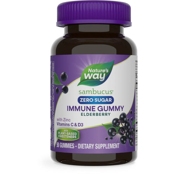 Nature’s Way, Sambucus Zero Sugar Immune Gummy Elderberry with Zinc Vitamin C & D3, 50 Gummies