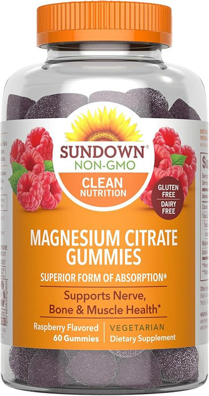 Sundown Magnesium Citrate Gummies, Raspberry Flavored, Supports Nerve, Bone & Muscle, 60 gummies