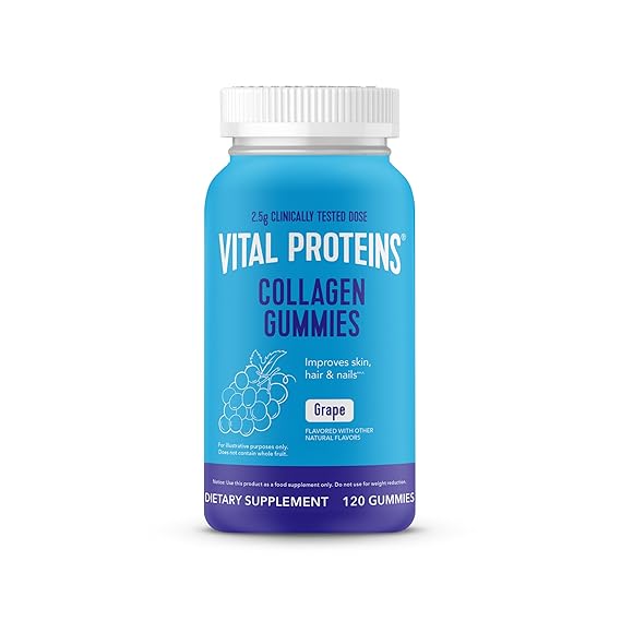 vital protein collagen gummy bears, 2.5g of Clinically-Tested Collagen for Hair, Skin, Nails & Wrinkles, 120 ct Bottle, Grape Flavor
