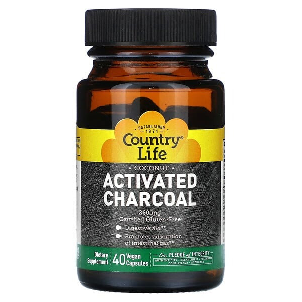 Country Life, Coconut Activated Charcoal, 260 mg, 40 Vegan Capsules
