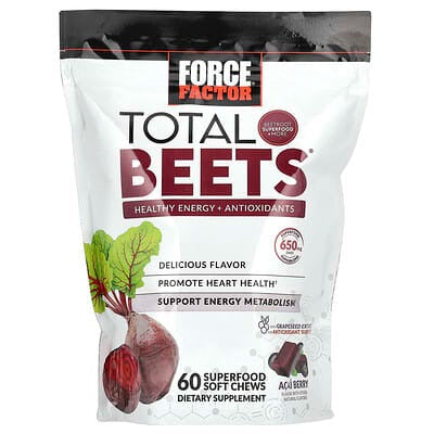 Force Factor, Total Beets, Healthy Energy + Antioxidants, Acai Berry, 325 mg, 60 Chews