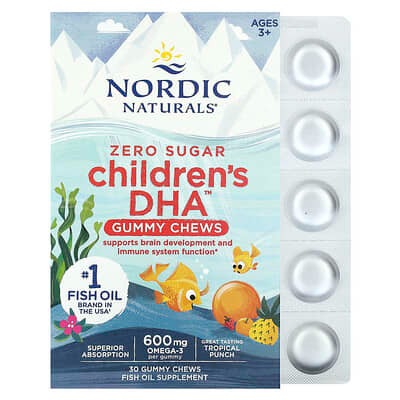 Nordic Naturals, Children's DHA Gummy Chews, Ages 3+, Tropical Punch, 600 mg, 30 Gummies