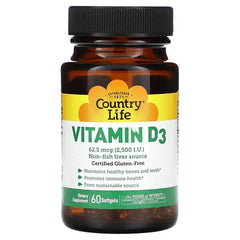 Country Life, Vitamin D3, 62.5 mcg (2,500 IU), 60 Softgels
