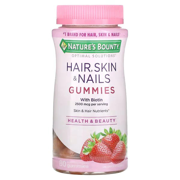 Nature's Bounty Hair Skin and Nails, - Gummies with Biotin, Strawberry, 1,250 mcg, 80 Gummies