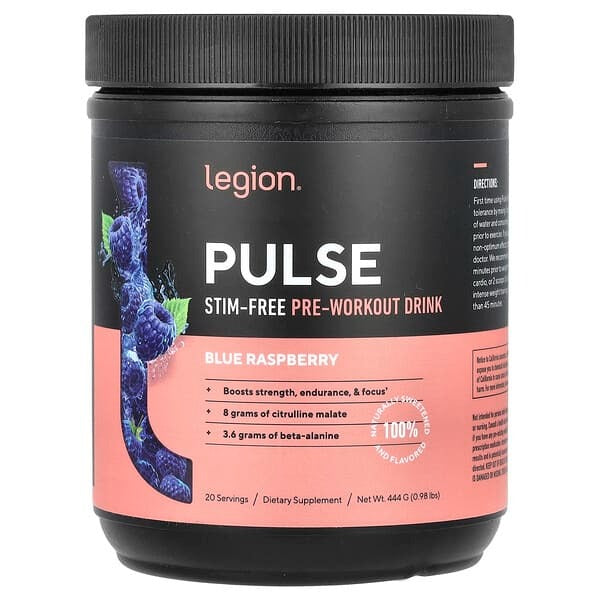 Legion Athletics, Pulse, Stim-Free Pre-Workout Drink, Blue Raspberry, 0.98 lbs (444 g)