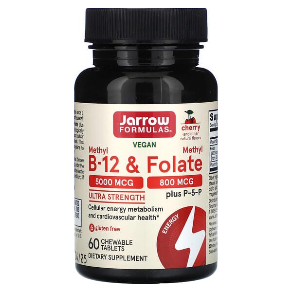 Jarrow Formulas, Vegan Methyl B-12 & Methyl Folate, Ultra Strength, Cherry, 60 Chewable Tablets