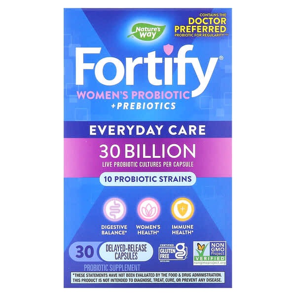 Nature's Way, Fortify, Women's Probiotic + Prebiotics, Everyday Care, 30 Billion, 30 Delayed-Release Capsules