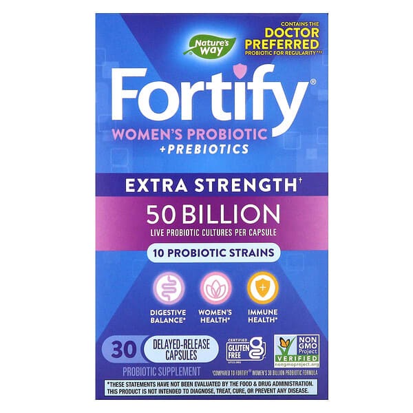 Nature's Way Fortify, Women's Probiotic + Prebiotics, Extra Strength, 50 Billion, 30 Delayed-Release Capsules
