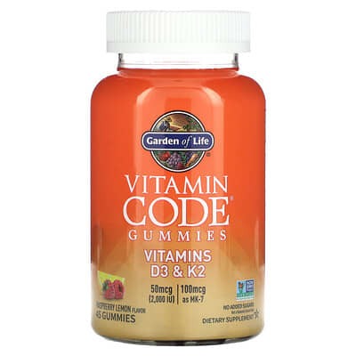 Garden of Life, Vitamin Code Gummies, Vitamins D3 & K2, Raspberry Lemon, 45 Gummies