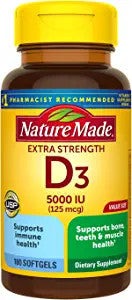 Nature Made Extra Strength Vitamin D3 5000 IU (125 mcg), Dietary Supplement for Bone, Teeth, Muscle and Immune Health Support, 180 Softgels, 180 Day Supply
