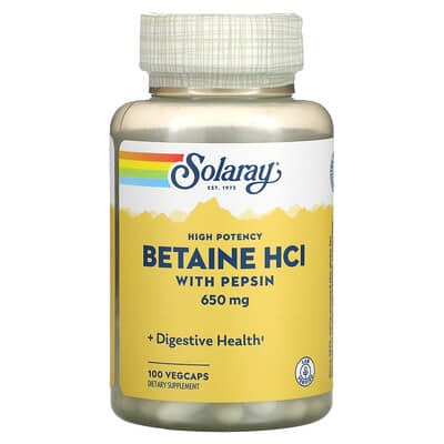 solaray hcl with pepsin, High Potency Betaine, 650 mg, 100 VegCaps