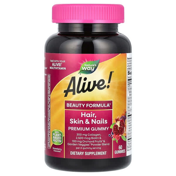 Nature's Way, Alive! Hair, Skin & Nails Premium Gummy, Strawberry, 60 Gummies