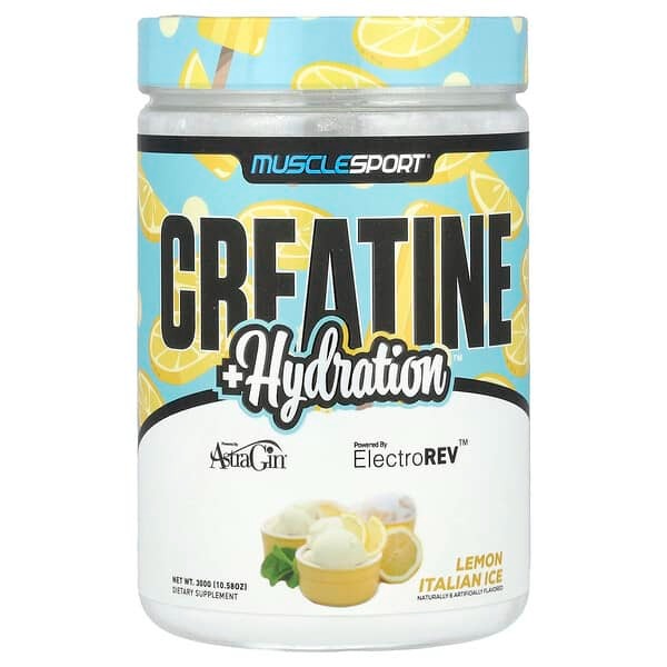 MuscleSport, Creatine + Hydration, Lemon Italian Ice, 10.58 oz (300 g)