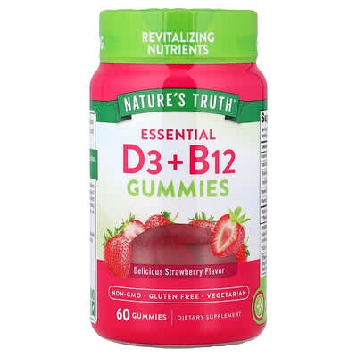 Nature's Truth Essential D3, + B12 Gummies, Strawberry, 60 Gummies