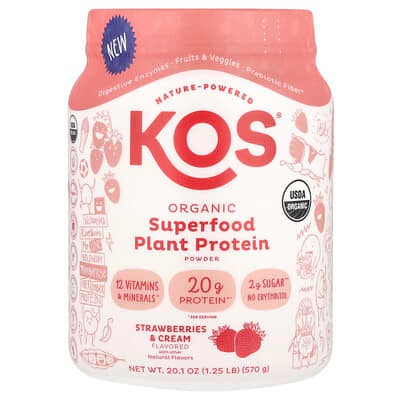 KOS, Organic Superfood Plant Protein Powder, Strawberries & Cream, 1.25 lb (570 gm)