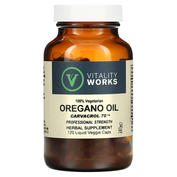 oregano oil capsules, Carvacrol 70, 120 Liquid Veggie Caps Vitality Works