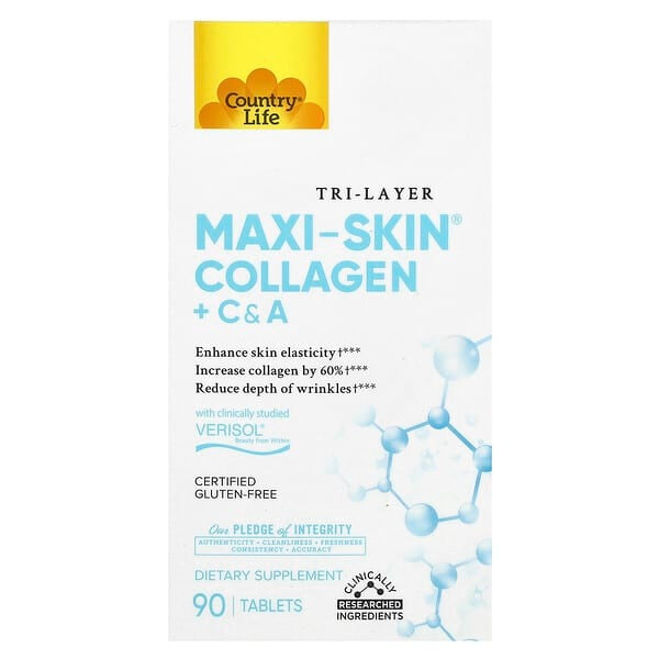 Country Life, Tri Layer Maxi-Skin Collagen + C & A, 90 Tablets