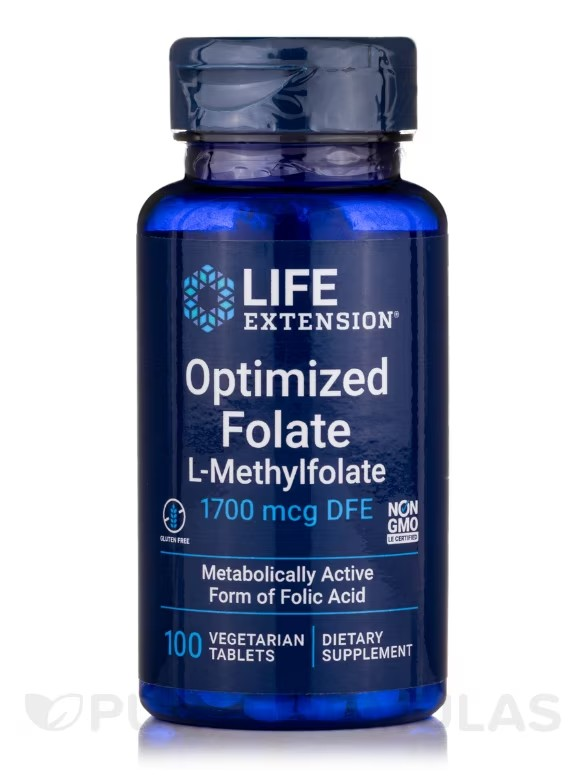 life extension optimized folate, L-Methylfolate 1000 mcg Vegetarian 100 Tablets