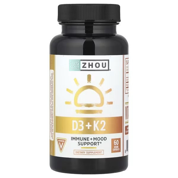 zhou nutrition k2 d3, 60 Capsules Immune + Mood Support 5000iu Vitamin D3 Mk-7