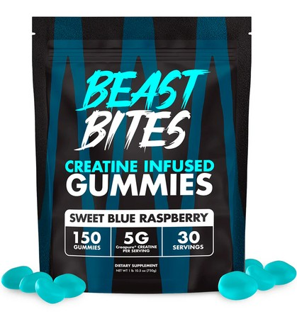 Beast Bites Creatine Infused Gummies Sweet Blue Raspberry - 150 Gummies (30 Servings)